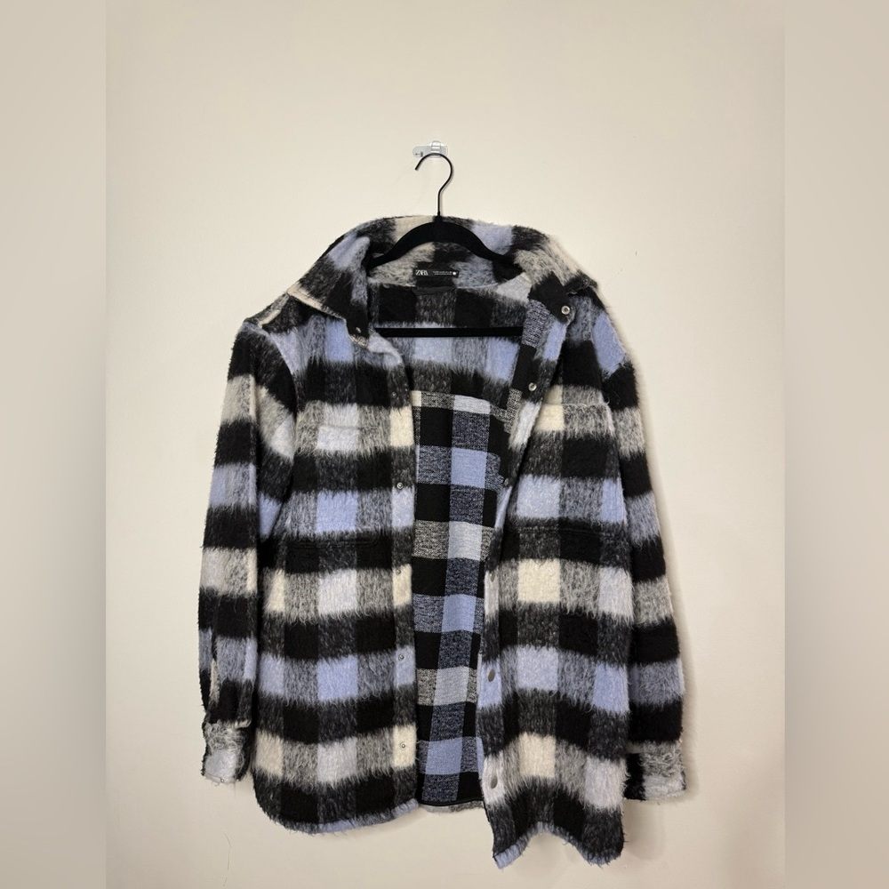 Zara Black, White, and Blue Plaid Teddy Jacket